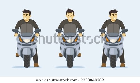 Happy young male character without helmet riding motorcycle. Front view. Stopping, standing and riding. Flat vector illustration template.  