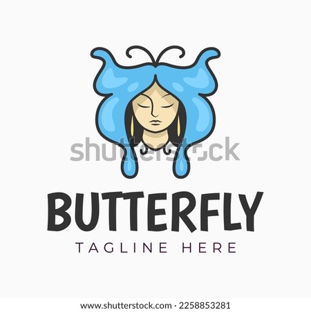 Woman's Butterfly Logo Design Vector Illustration. Beauty Woman's Face in Butterfly Wings Shape. 