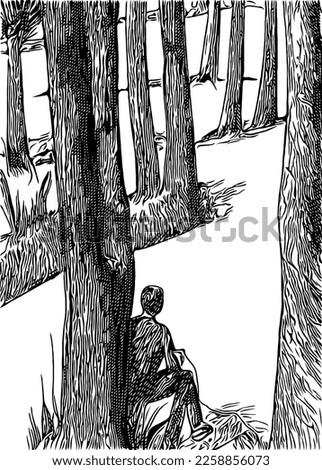 black and white of man in forest