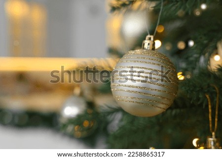 Closeup view of beautiful decorated Christmas tree indoors. Space for text