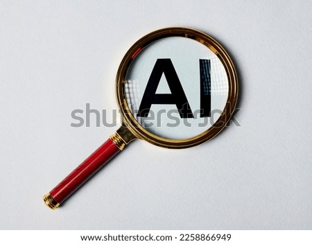 AI artificial intelligence research, study through magnifying glass, lens, magnifier. High quality photo