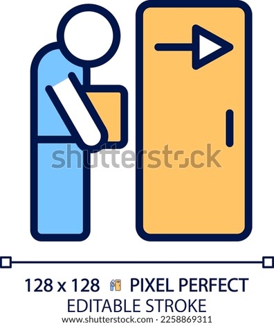 Dismissal pixel perfect RGB color icon. Fired employee. Work loss. Jobless person. Staff reduction. Resignation. Isolated vector illustration. Simple filled line drawing. Editable stroke