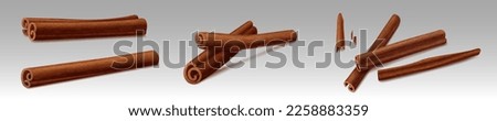 Cinnamon sticks, brown indian spices. Bundles of dry cinnamon, cooking and baking seasoning, aromatic condiment. Canella sticks isolated on background, vector realistic illustration Royalty-Free Stock Photo #2258883359