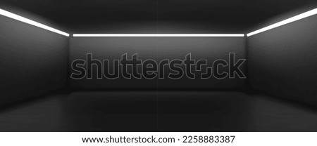 Abstract empty concrete room with led light illumination. Realistic vector illustration of dark garage, underground warehouse or cellar with solid cement walls. Industrial space interior design Royalty-Free Stock Photo #2258883387