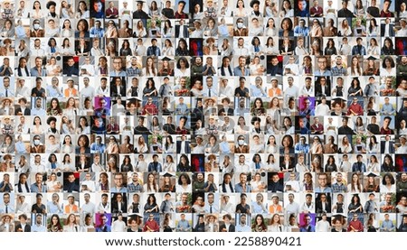Hundreds of multiracial people crowd portraits headshots collection, collage mosaic. Many lot of multicultural different male and female smiling faces looking at camera. Diversity and society concept Royalty-Free Stock Photo #2258890421