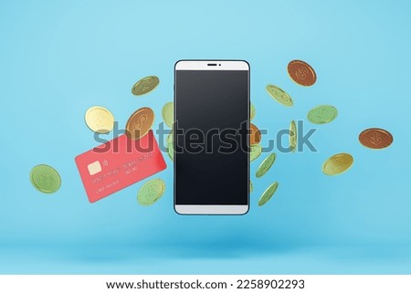 Online paying application concept with blank dark modern smartphone screen with place for your logo or text on blue background with flying coins and red credit card. 3D rendering, mock up
