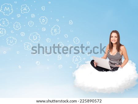 Pretty young woman sitting in cloud with laptop, letters concept