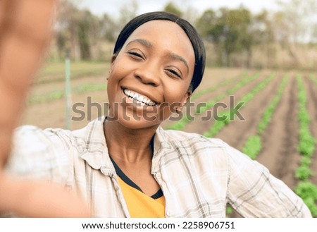 Agriculture, farm and selfie of happy black woman smiling and taking picture outdoors. Agro, sustainability and self portrait of female farmer for social media or internet post after checking plants.