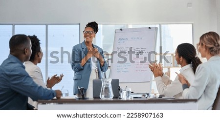 Business presentation, proud black woman and office training with success and clapping from crowd. Management, conference room and sales team working on a speaker coaching on innovation strategy