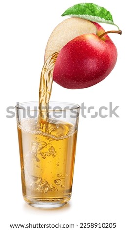 Glass of apple juice and pouring juice from ripe red apple isolated on white background. Conceptual picture.