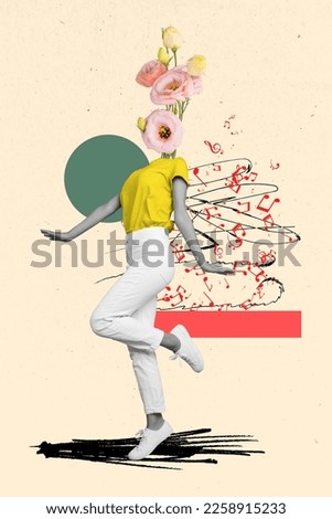 Vertical collage picture of black white gamma girl rose flowers instead head dancing drawing melody symbol isolated on painted background