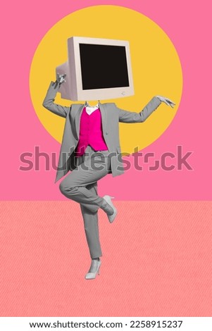 Collage picture image of famous girl celebrity tv set instead face showing translation live stream isolated on painted background