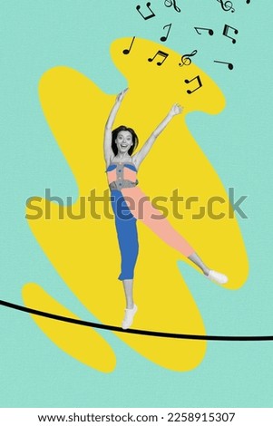 Artwork magazine collage picture of happy smiling lady dancing walking rope having fun isolated drawing background