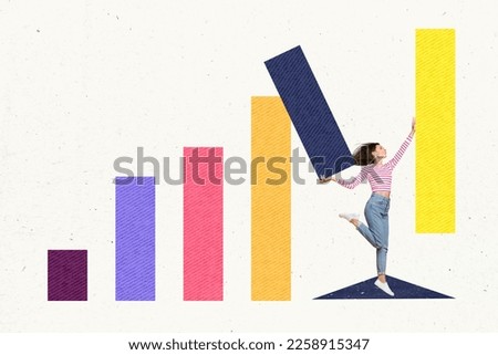 Photo collage picture poster banner of happy lady showing different colorful figures isolated on painted background