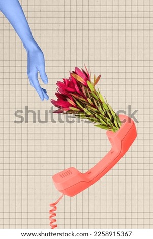 Creative picture photo image collage of human arm hold telephone handset growing flower inside isolated on painted background