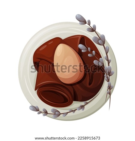 Chicken egg in a plate on a red towel with willow sprigs. Easter theme. Vector illustration, cartoon style, isolated background. Top view.
