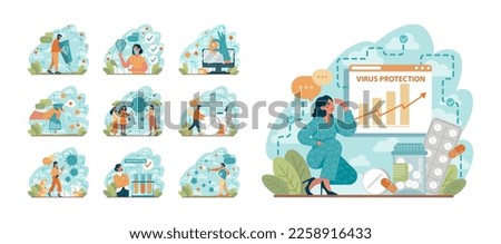 Virus protection set. Barrier for dangerous viruses and bacteria. Virus pandemic combating, character defending an infectious disease. Flat vector illustration
