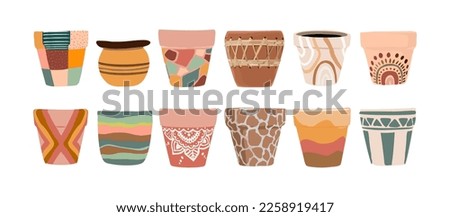 Set of ceramic flower pots with different stylish decoration. Hand made Clay Pots for Growing Plants. Collection of empty flowerpots for your design. Vector illustrations isolated on white background.
