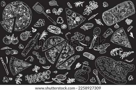 Traditional Italian pizza pattern, vegetables, ingredients on dark background. Pizza menu.Top view. Vector illustration. Engraved design. 