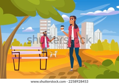 Park concept with people scene the background cartoon style. Woman met an acquaintance who was walking a dog in the park.