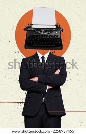 Collage photo picture poster image of weird successful man hands folded working overtime isolated on painted background