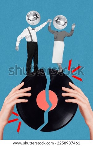 Vertical collage photo poster picture of two people wife husband dancing pieces vinyl disk isolated on painted background