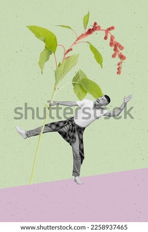Exclusive magazine picture sketch collage image of happy funny guy holding big huge plant isolated painting background