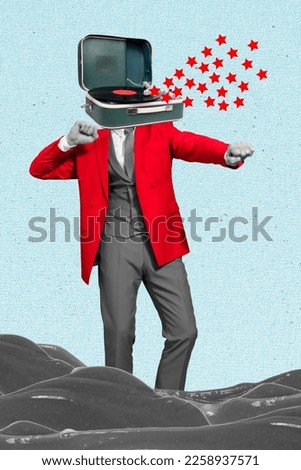 Photo collage artwork minimal picture of funny funky guy vinyl player instead of head having fun isolated drawing background