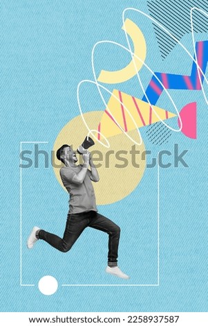 Collage artwork graphics picture of happy smiling guy screaming bullhorn announcing sale isolated painting background