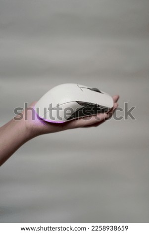 photo of a hand holding a white mouse       