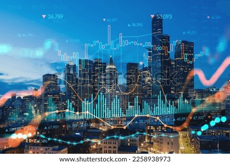 Illuminated aerial cityscape of Seattle, downtown at night time, Washington, USA. Forex graph hologram. The concept of internet trading, brokerage and fundamental analysis Royalty-Free Stock Photo #2258938973