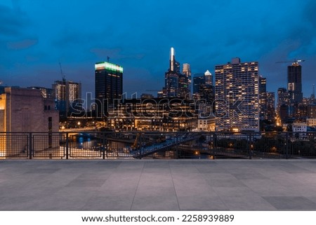 Skyscrapers Cityscape Downtown, Philladelphia Skyline Buildings. Beautiful Real Estate. Night time. Empty rooftop View. Success concept.