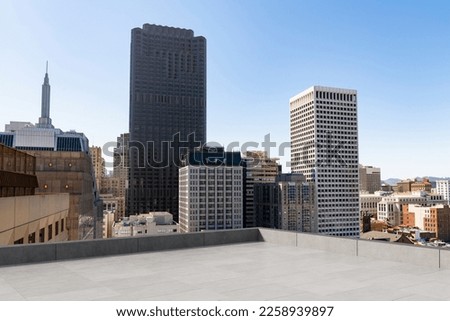 Skyscrapers Cityscape Downtown, San Francisco Skyline Buildings. Beautiful Real Estate. Day time. Empty rooftop View. Success concept. Royalty-Free Stock Photo #2258939897