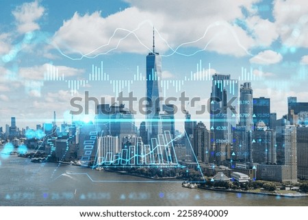 Aerial panoramic helicopter city view of Lower Manhattan and Downtown financial district, New York, USA. Forex graph hologram. The concept of internet trading, brokerage and fundamental analysis