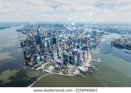 Aerial panoramic helicopter city view on Lower Manhattan district and financial Downtown, New York, USA. Artificial Intelligence concept, hologram. AI, machine learning, neural network, robotics