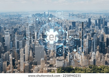 Aerial panoramic helicopter city view of Midtown Manhattan neighborhoods and Central Park, New York, USA. Health care digital medicine hologram. The concept of treatment and disease prevention