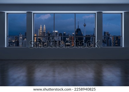 Empty room Interior Skyscrapers View Malaysia. Downtown Kuala Lumpur City Skyline Buildings from High Rise Window. Beautiful Expensive Real Estate overlooking. Night time. 3d rendering. Royalty-Free Stock Photo #2258940825