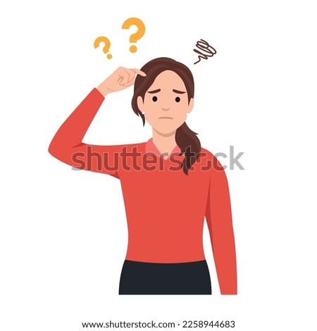 Young woman scratching her head. Puzzled girl scraping hair, feeling doubt or hesitating. Question and doubt concept, human expression and body language. Flat vector illustration isolated on white Royalty-Free Stock Photo #2258944683