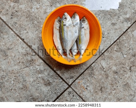 Photograph of close up fresh yellowstripe scad fish in a orange bowl. Top view. Fit for Social media cooking content, cook book recipe, advertisement, promotion, poster, etc.