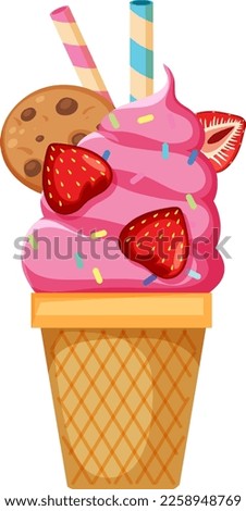 Strawberry ice cream cone with toppings illustration