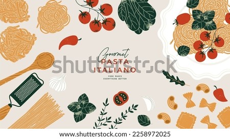 Italian pasta ingredients. Spaghetti and ravioli table background. Vintage style. Vector illustration Royalty-Free Stock Photo #2258972025