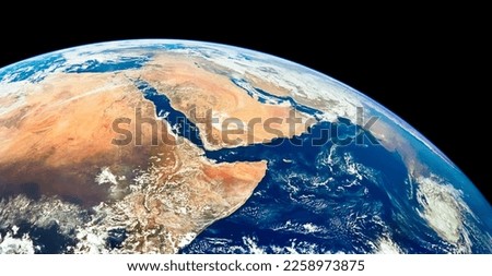 Satellite View of Saudi Arabia and north eastern Africa. Egypt, Sudan, Ethiopia, The Gulf of Suez, the Dead Sea, Gulf of Aden, Persian Gulf and Gulf of Oman. Elements of this image furnished by NASA. Royalty-Free Stock Photo #2258973875