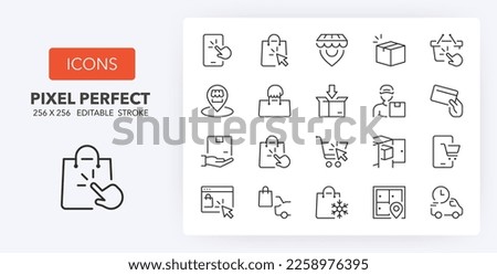 Shopping online, click and collect. Thin line icon set. Outline symbol collection. Editable vector stroke. 256x256 Pixel Perfect scalable to 128px, 64px... Royalty-Free Stock Photo #2258976395