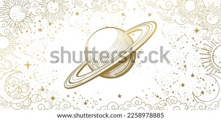 Astrological banner with the planet saturn on a white background with stars, mystical boho background for the zodiac, line drawing, vector illustration. Mystical pattern. Royalty-Free Stock Photo #2258978885