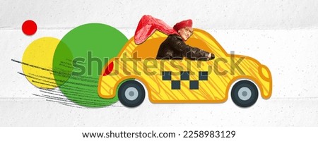Contemporary art collage. Creative design. Senior lady, woman driving yellow cab, taxi over white background. Happy, smiling. Concept of occupation, profession, art, retro style, creativity