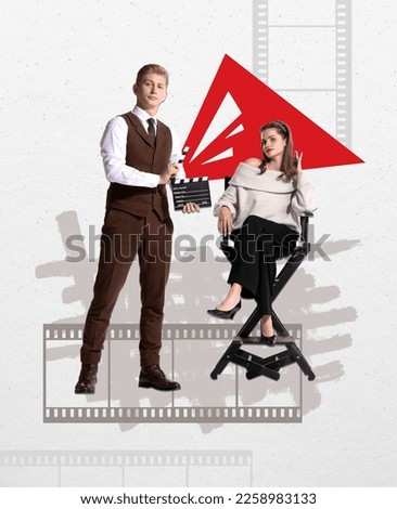 Contemporary art collage. Creative design. Young man and woman, actress and camera man working together, creating good movies. Talented youth. Concept of occupation, profession, art, retro style