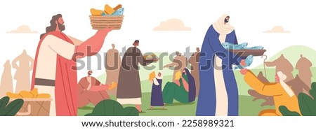 Apostles of Jesus Christ Characters Give Food to Hungry Crowd. Feeding Hearers of Prophet with Five Loaves and Two Fish. Biblical Story about God Creating Miracle. Cartoon People Vector Illustration Royalty-Free Stock Photo #2258989321