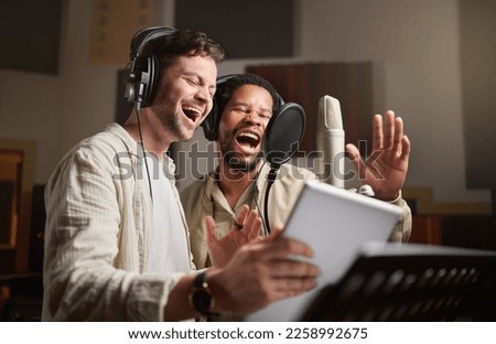Music, singing and men recording in studio tablet, streaming with microphone, headphones and talent. Technology, art and creative influencer band and musician with live stream song for record label.