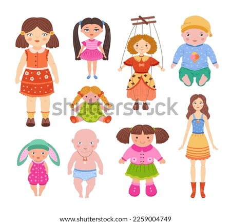 Cartoon dolls. Beautiful girl toy in dress, child baby and cute puppet doll isolated vector illustration set. Game characters wearing different clothes with various hairstyles, newborn kids toys Royalty-Free Stock Photo #2259004749