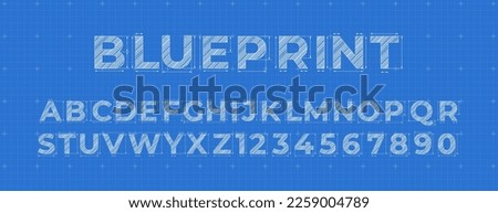 Blueprint lettering. Construction engineer font, architectural alphabet letters and numbers on blue measurement grid background. Vector symbols set. Font for building or architectural project
